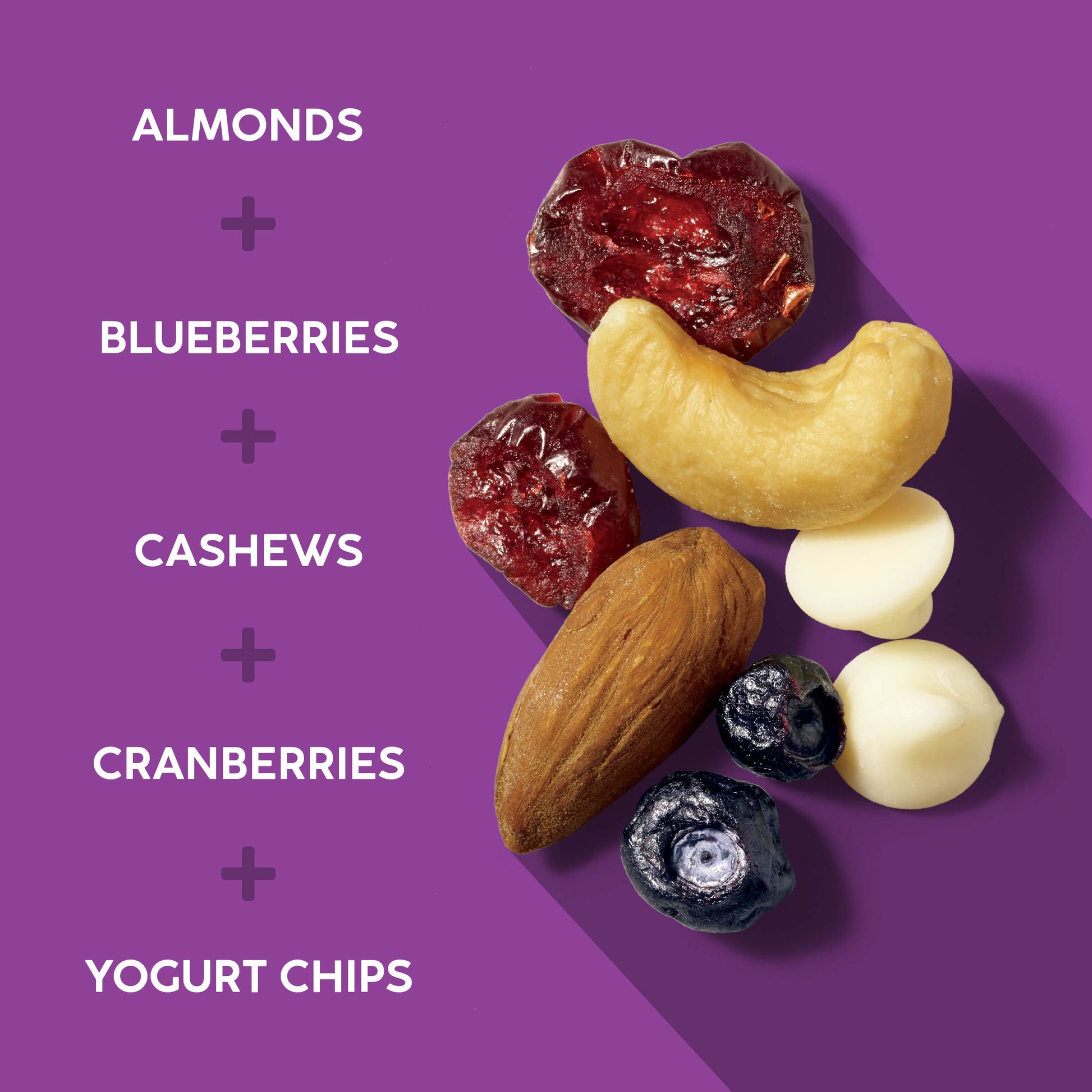 A purple graphic with white text listing ingredients: almonds, blueberries, cashews, cranberries, and yogurt chips, alongside loose pieces of those foods arranged on the right side.